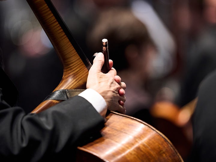 Bass player holding onto their bass